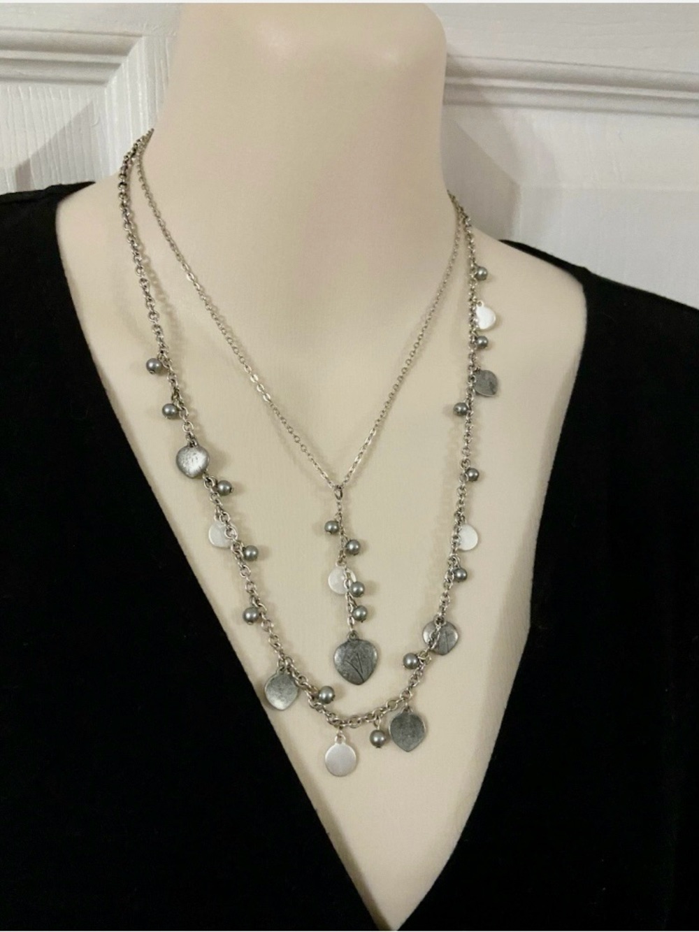 Delicate Silver Layered Disc & Bead Necklace for Women